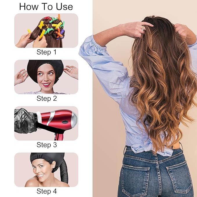 42 pcs 7" Flexi Rods,Hair Curlers Rollers Flexible Curling Rods,Heatless Bendy Foam Curls for Long,Medium,Short Hair to Sleep in,with Hair Dryer Bonnet for Quick Shaping(Black)