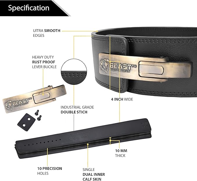 Beast Power Gear Weight Lifting 10MM 13MM Leather Lever Belt Powerlifting - Free Strap Lower Back Support for Weightlifting, Deadlifts, Squats, Power Belt - Men & Women