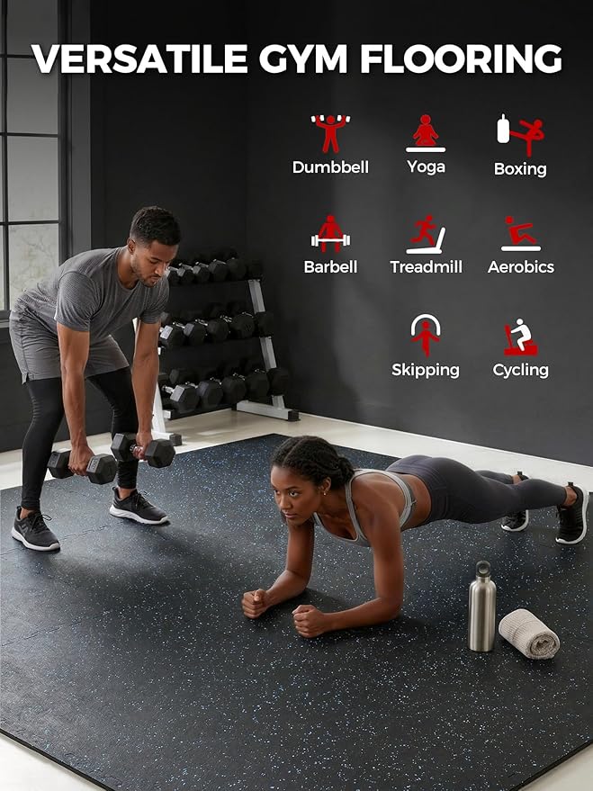 0.56in Thick 48 Sq Ft Exercise Equipment Mats, 12 Tiles Rubber Top EVA Foam Workout Mats, Interlocking Gym Flooring for Home Gym, 24 x 24in, Black & Blue