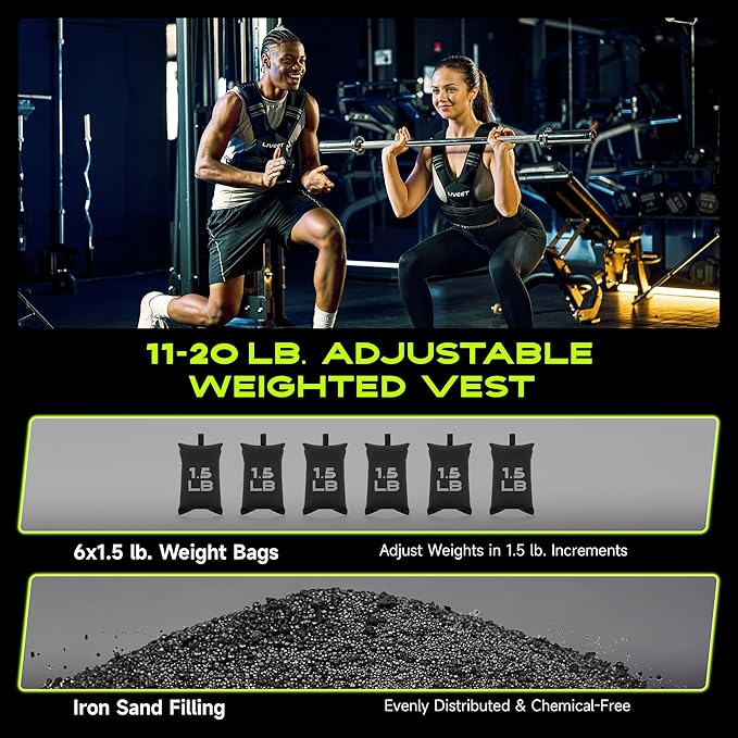 Adjustable Weighted Vest for Women Men, 4-10lb 11-20lb 20-32lb Weight Vest with 6 Ironsand Bags, Running Vest with Reflective Strips Adjustable Buckle Straps for Walking Strength Training