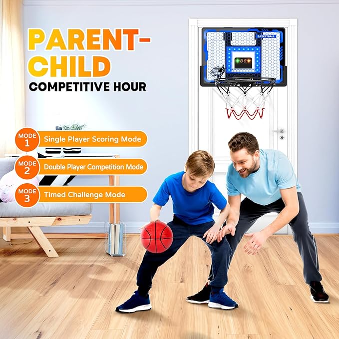 Indoor Basketball Hoop Pro for Kids, Over The Door Basketball Hoop Indoor with LED Light/Scoreboard/4 Balls- Upgraded Anti-Impact Backboard, Basketball Toys Gifts for 6 7 8 9 10 11 12 Year Old Boys