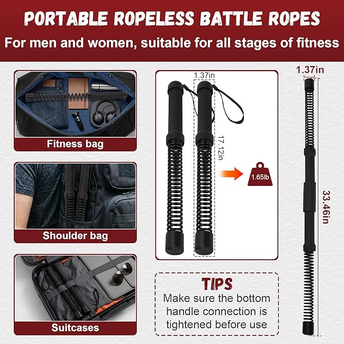 Portable Ropeless Battle Ropes, 2-in-1 Heavy Duty Cordless Battle Ropes for Home Gym (Convertible to Fitness Bar), Strength Building Workout Ropes, Low-Impact Aerobic Training and HIIT for Men & Women
