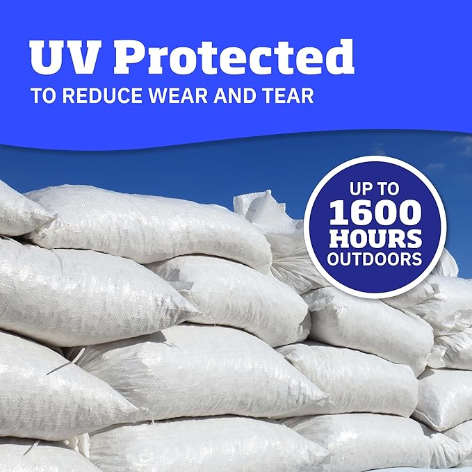DURASACK Heavy Duty Sand Bags with Tie Strings Empty Woven Polypropylene Sand-Bags for Flood Control with 1600 Hours of UV Protection, 50 lbs Capacity, 14x26 inches, White, Pack of 100