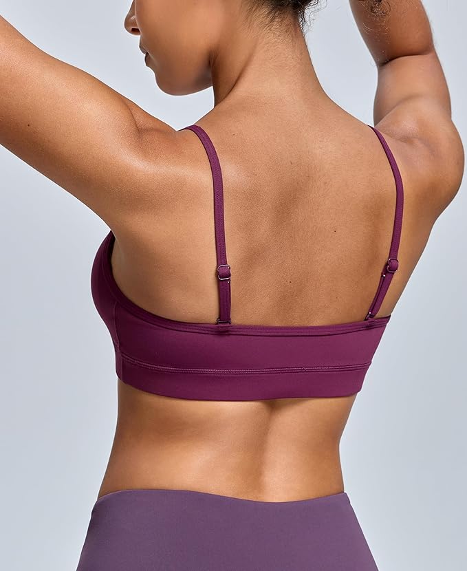 Oalka V Neck Sports Bra for Women Adjustable Padded Thin Straps Wireless Yoga Bras