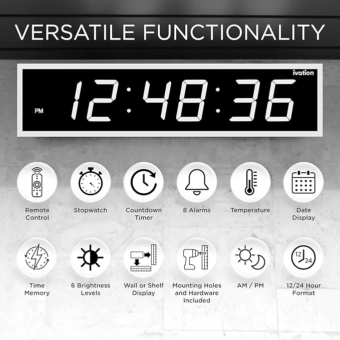 Ivation Huge Oversized 72" Large Digital LED Clock | Big Digital Clock w/Multi-Function Display – Stopwatch, Timer, Alarms, Temp & Date | 6 Brightness Levels, Time Memory & Remote (White)