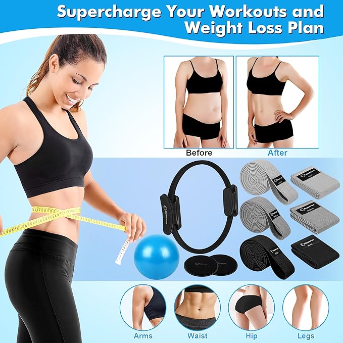 Goocrun Pilates Ring Set Exercise Equipment, with Exercise Resistance Bands Set, Pilates Ball, Sliding Disks. Portable Home Gym - with Fitness Guide Poster