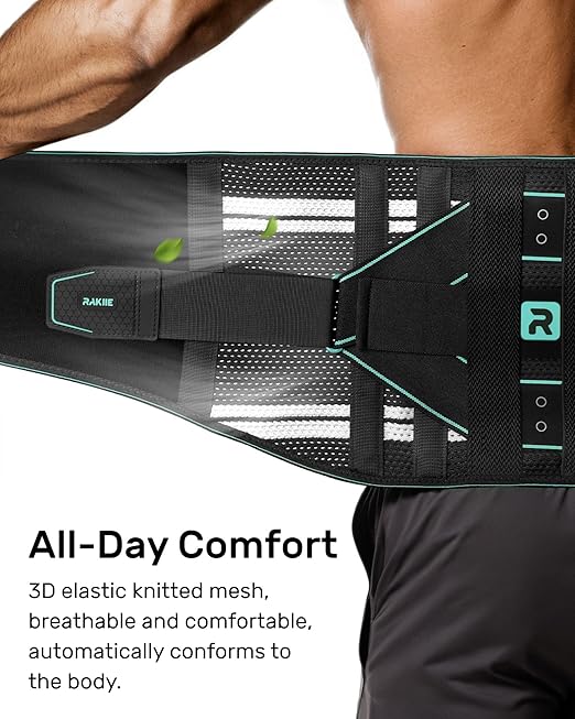 Rakiie Back Brace for Lower Back for Women Men, Elastic Back Support Belt with 8 Stays for Lifting at Work, Breathable Soft Lumbar Support, Blue M
