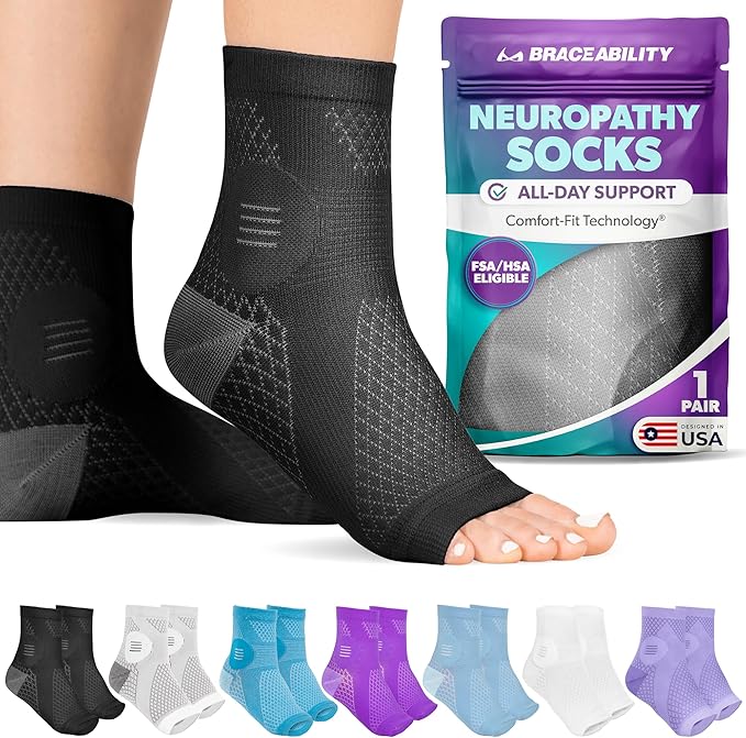 BraceAbility Neuropathy Socks (Pair) - Peripheral Neuritis Compression Diabetic Toeless Foot Sleeves for Nerve Damage Pain in Feet, Ankle Gout, Plantar Fasciitis Relief Brace for Men and Women (XL - Black)