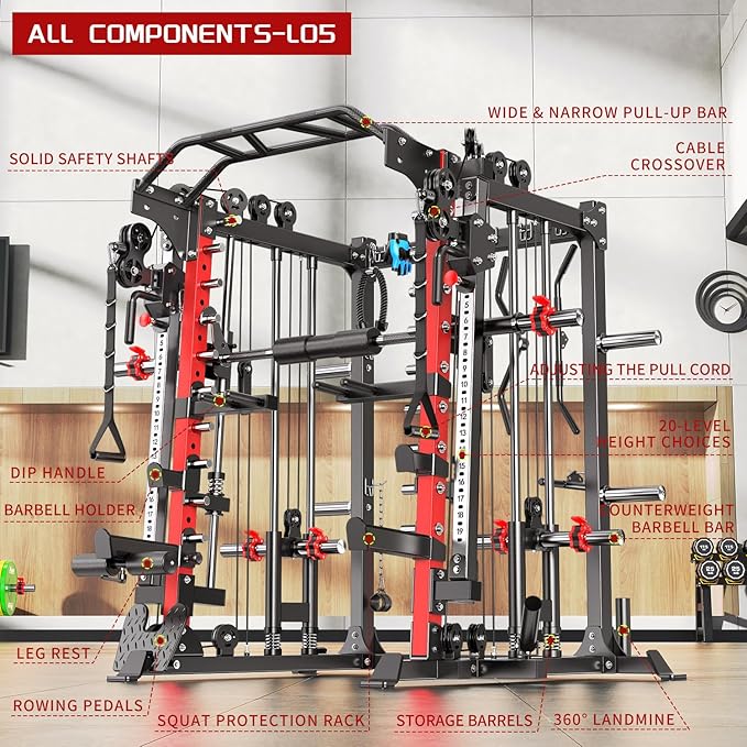 Multi-Purpose Squat Rack,Smith Machine Weight Rack Set with Cable Crossover System, Home Gym Power Racks, Power Racks and Packages