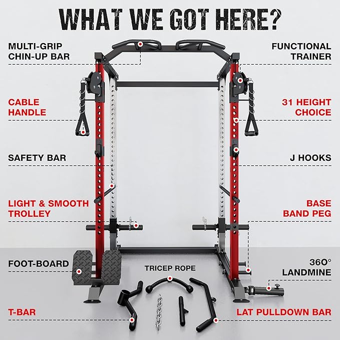 DP01 Power Cage, 2000LBS Squat Rack with with Cable Crossover and Dual Independent Pulley System, Full Cage for Full Body Training, Power Rack with More Training Attachments for Home Gym