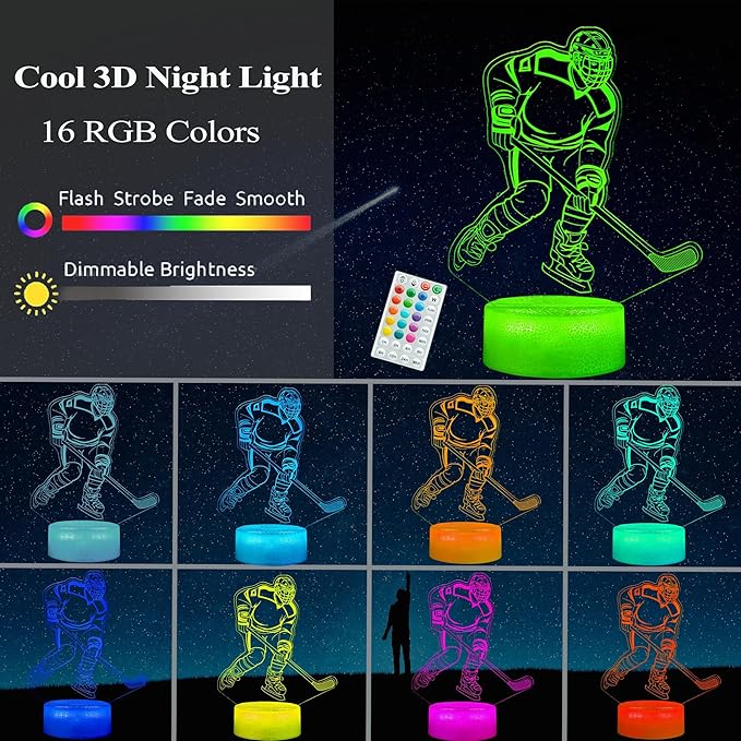 Hockey Night Light, Ice Hockey Gifts, Hockey 3D Lamp with Remote Control, 16 Colors Changing, RGB Flashing Mode, Timer and Dimmable for Birthday Xmas Cool Figurines Gifts for Room Decor Boys Girls