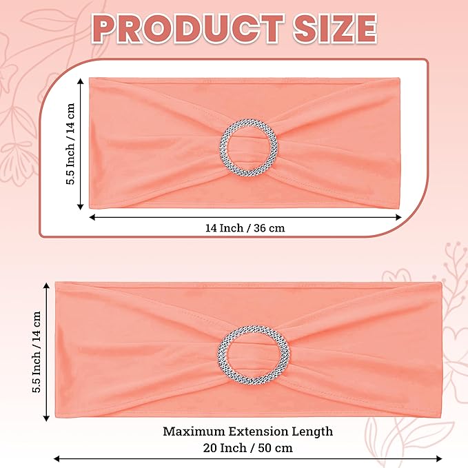 VDS - Peach | Spandex Chair Sashes Bows | 50 PCS | Stretch Elastic Banquet Universal Folding Chair Band Tie with Silver Buckle Slider for Wedding Party Conference Celebration Event Decoration