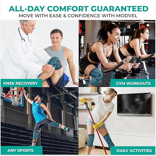 Modvel 2 Pack Knee Brace for Women & Men - Knee Support for Walking, Knee Compression Sleeves for Pain Relief, Knee Sleeves for Women, Knee Sleeves for Men, Knee Brace for Sports, Workouts & Arthritis