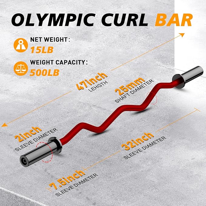 Olympic EZ Curl Barbell Bar 47", 2-Inch Curl Bars for Weight Lifting,Hip Thrusts,Squat,Biceps-Home Gym Chrome Curling Bar for 2 Inch Weight Plates -2 Spring Collars(500lb Weight Capacity)