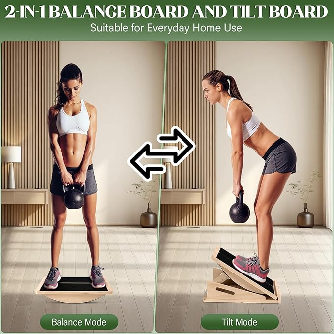 2-in-1 Wooden Slant Board & Balance Board, Adjustable Incline Calf Stretcher (15°–30°) for Plantar Fasciitis Relief & Balance Training, Portable Wood Incline Board with Resistance Bands