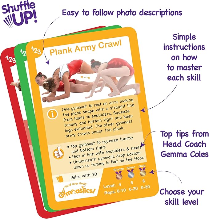 Shuffle Up Gymnastics Card Games - 70+ Fun & Active Skills Cards for Kids, Fitness Cards Develop Fundamentals, Stamina & Strength, Easy to Play for Kids | Multiple Skills Level Card Include 2 Dices
