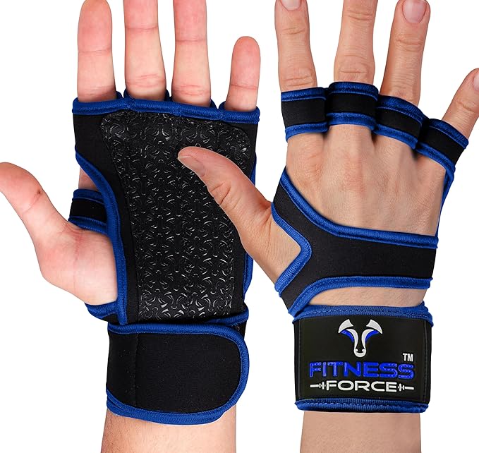 FITNESS FORCE Ventilated Weightlifting Gloves Workout Gloves for Men & Women with Built-in Wrist Wraps Fingerless Gym Gloves for Men Perfect for Exercise Fitness, Weight Lifting, Cross Training