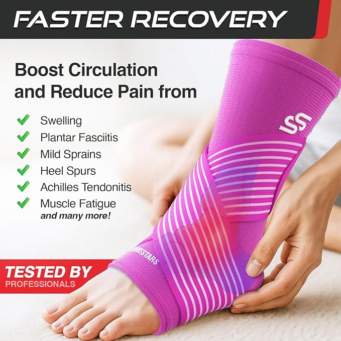 Sleeve Stars Ankle Brace for Women & Men, Ankle Wrap for Sprained Ankle, Compression Sleeve for Plantar Fasciitis Relief, Easy Customizable Support: w/Removable Strap (Pair/M:10"-12"/Hot Pink)