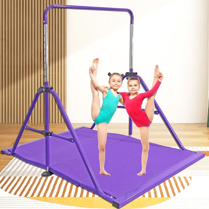 PreGymnastic Folding Gymnastics Bar with Rings, Foldable Kip Bar with Sturdier Base, Training Bar for Kids Ages 3-10, Horizontal Bar, Home Gym Equipment for Boy Girl