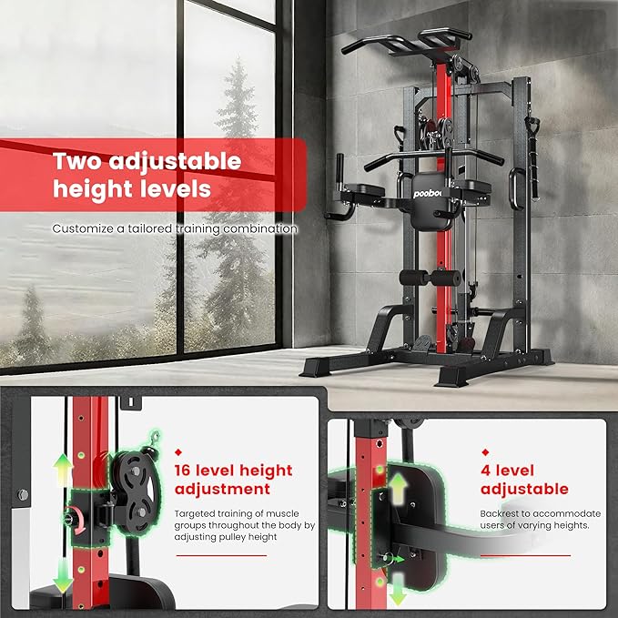 Pull Up Bar Power Tower Dip Station,Cable Machine-Integrated 450LBS Multi-Function Adjustable Height Fitness Strength Training Equipment for Home Gym Strength Training Equipment