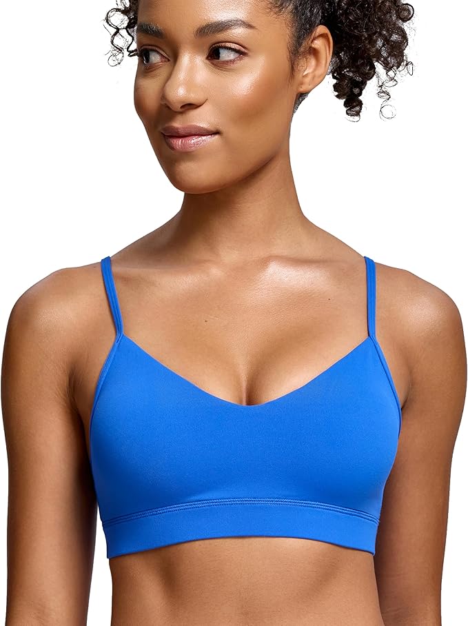 Oalka V Neck Sports Bra for Women Adjustable Padded Thin Straps Wireless Yoga Bras