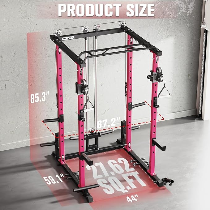 RitFit Multi-Function Garage & Home Gym Package Includes 1200LBS Power Cage PPC03/P3 with Cable Crossover System, Weight Bench, Olympic Barbell Weight Set, Full Body Workout