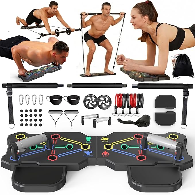 HOTWAVE Portable Workout Equipment with 20 Gym Accessories.Push Up Board &Plank,Resistance Band with Ab Roller Wheel,Exercise at Home For Men and Women