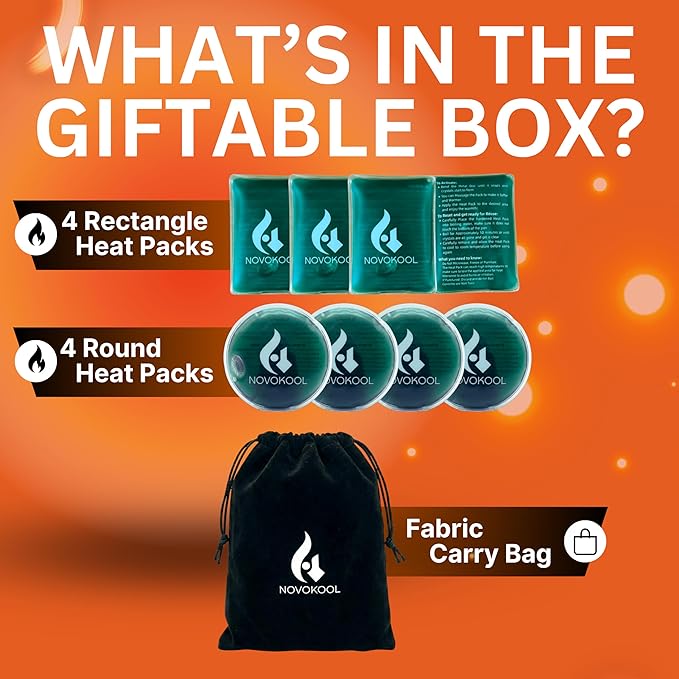 Reusable Heat Packs-8 Instant Heat Packs Click Activated-Pads for On The Go, Camping or Home for Hot Compress, Pocket Hand Warmers or Pain Relief-4 Round 4 Rectangle and 1 Fabric Carry Bag