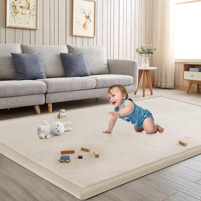 Baby Play Mat for Floor Nursery Rug Muscle Mat Area Rug Playroom Rug 79"x158" Playpen Mat Memory Foam 1.3" Thick Crawling Mat for Babies,Toddlers, Infants, Kids,A Beige