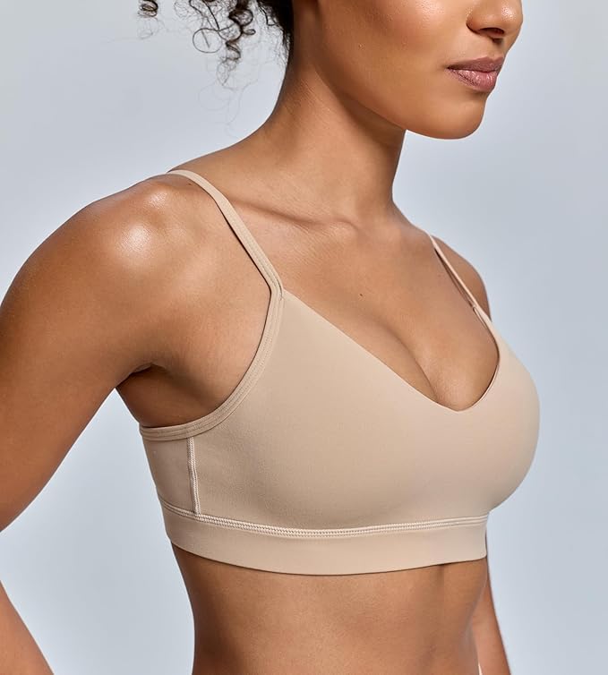 Oalka V Neck Sports Bra for Women Adjustable Padded Thin Straps Wireless Yoga Bras