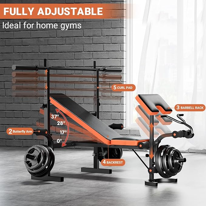 Fostoy Adjustable Weight Bench, Bench Press with Squat Rack, Olympic Weight Bench for Home Gym, Workout Bench with Preacher Curl Pad and Leg Develope for Full-Body Strength Training