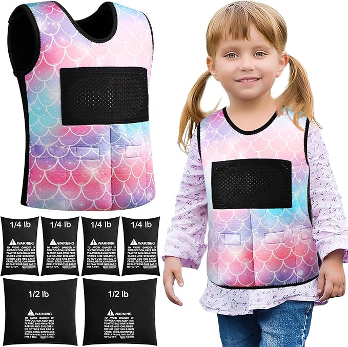 Janmercy Weighted Vest for Kids Ages 4 to 7 and Ages 8+ Boy Girl Adjustable Breathable Compression Vest for Processing Issue(Mermaid,Small,Tie-dye)