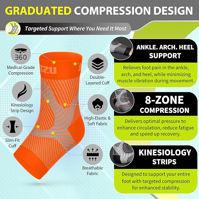 Compression Socks for Plantar Fasciitis, Achilles Tendonitis, Arthritis Relief, Ankle Brace Compression Sleeve with Foot Arch Support, Ankle Wrap for Women, Men, Swelling & Heel Pain Orange XXL