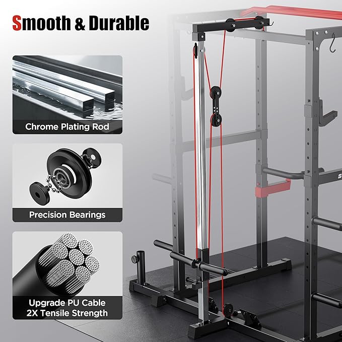Sportsroyals Squat Rack, LAT Power Cage, Power Rack Multi-Function with Pulley System and Training Attachments for Home Gym