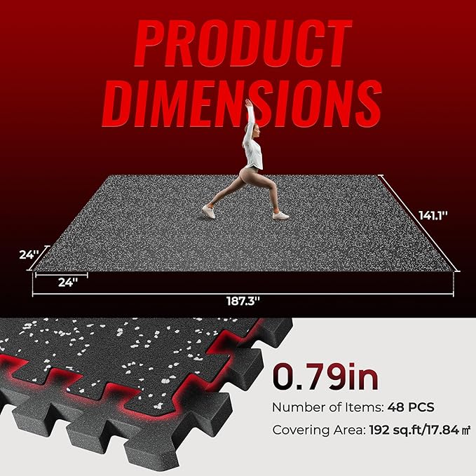 SUPERJARE 0.79'' Extra-Thick Exercise Equipment Mats, 48 Pcs 192 Sq Ft Rubber Top Floor Tiles with High Density EVA Foam, Interlocking Gym Flooring for Home Gym, Workout Mat, Black/Grey