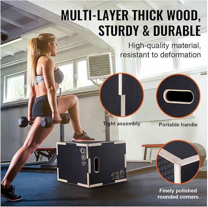 Plyometric Jump Box, 3-in-1 Wooden Plyo Box 16/14/12 Inch, Agility Platform, Step Up Box for Gym, Strength & Conditioning, Home Fitness, Black