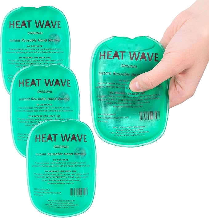 Heat Wave 3x5 Reusable Click Instant Heat Hand Warmer (Small Green 4 Pack)