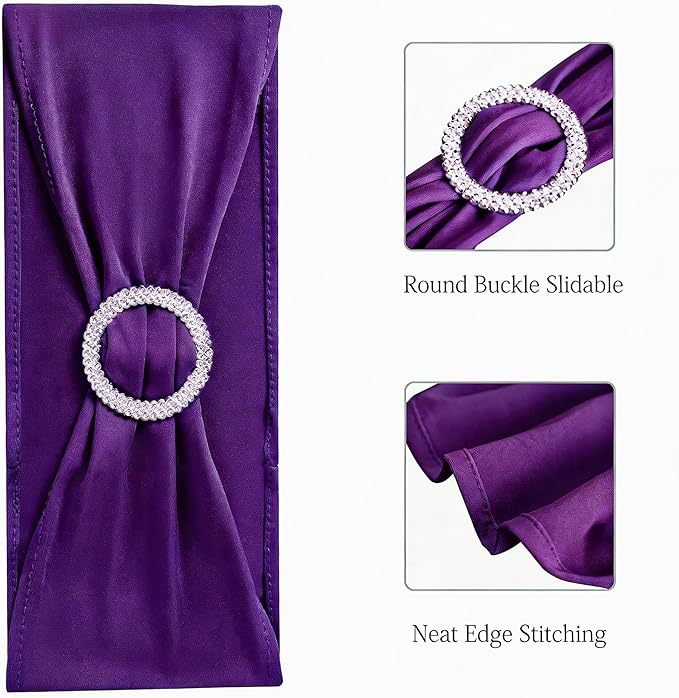 Spandex Purple Chair Sashes 100 Pack Wedding Chair Bands with Buckles Chairs Bows for Party Birthday Bridal Shower Engagement Anniversary Outdoor Events Decorations