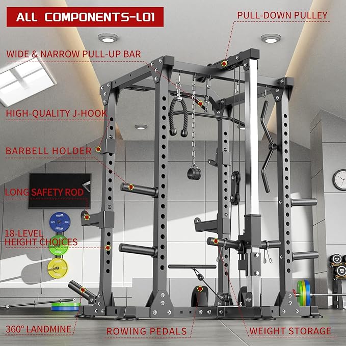 Multi-Purpose Squat Rack,Smith Machine Weight Rack Set with Cable Crossover System, Home Gym Power Racks, Power Racks and Packages