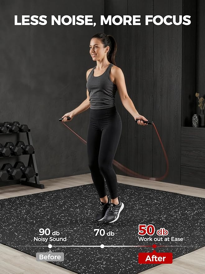 0.56in Thick 48 Sq Ft Exercise Equipment Mats, 12 Tiles Rubber Top EVA Foam Workout Mats, Interlocking Gym Flooring for Home Gym, 24 x 24in, Black & White