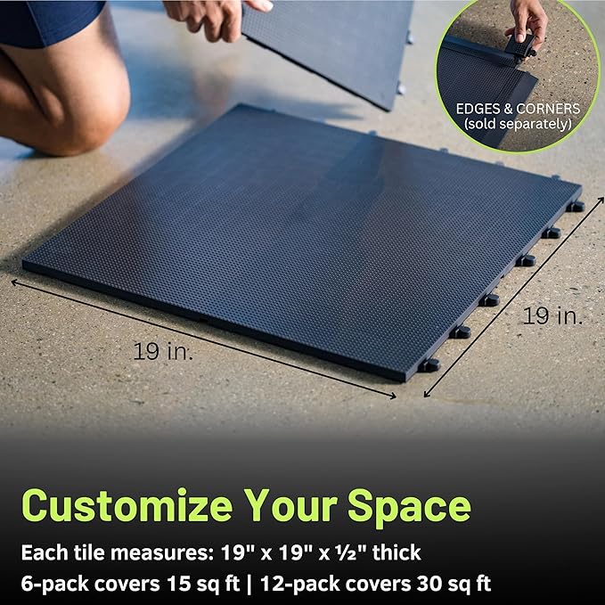 Baselayer Balance Series Interlocking Floor Tiles - Durable ½ in TPE (Rubber Like, NOT Foam, no Odor) - Gym Flooring for Cardio Equipment & Gymnastics - Black, 15 SqFt (6 Pack) - Made in USA