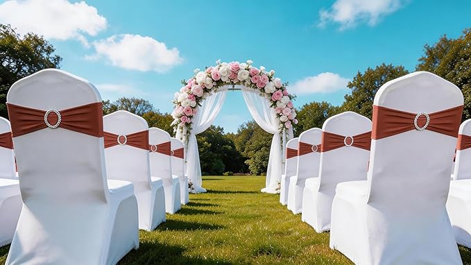Pack of 50 Spandex Terracotta Chair Sashes Bows Elastic Chair Bands with Buckles for Wedding Reception Banquet Bridal Shower Halloween Decorations - Terracotta/Brick Red