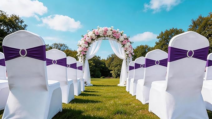 Spandex Purple Chair Sashes 100 Pack Wedding Chair Bands with Buckles Chairs Bows for Party Birthday Bridal Shower Engagement Anniversary Outdoor Events Decorations