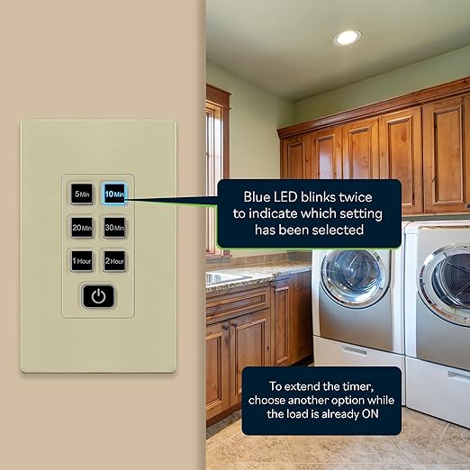 TOPGREENER 2-Hour No Neutral Wire Countdown Timer Switch, 5-10-20-30 Min 1-2 Hour Settings, for Fans and Lights, LED Indicator, 120VAC 60Hz, 1/2HP, 150W LED, UL Listed, TGT06-2H-JT-I, Ivory