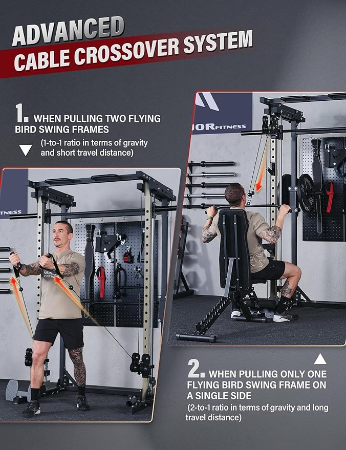 MAJOR FITNESS Drone3 Smith Machine, 2500lbs All-in-One Home Gym Power Rack with Dual Pulley System for Cable Crossover, Pull-Up Bars