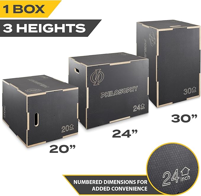 Philosophy Gym 3-in-1 Non-Slip Wooden Plyo Box, Wood Plyometric Jump Box Platform for Home Gym, HIIT, Step-Ups, and Strength Training