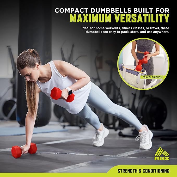 RBX Vinyl Coated Hand Weight Dumbbell Set - Hex Shaped, Roll Free for Body Building/Sculpting/Strength Training Exercise, (Set of 2)