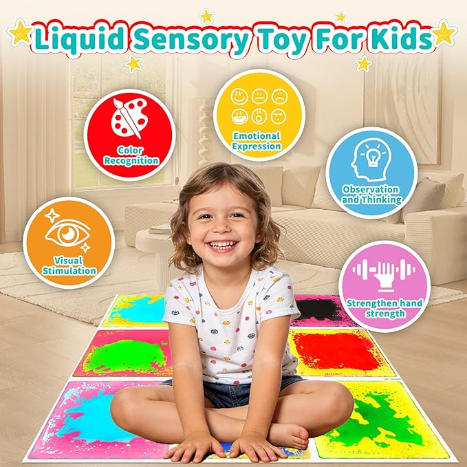 Sensory Floor Tiles for Kids: Liquid Fusion Activity Mat 9 Pack with One-Piece Glue-Free Sealing - Educational Fun Water Play Mats - Autistic Toddler Calming Toys for Indoor Early Learning（12x12inch）