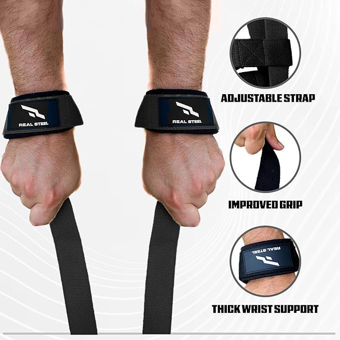 Real Steel Lifting Wrist Straps for Weightlifting, Bodybuilding, Powerlifting, Strength Training, & Deadlifts - Padded Neoprene with 24 inch Cotton