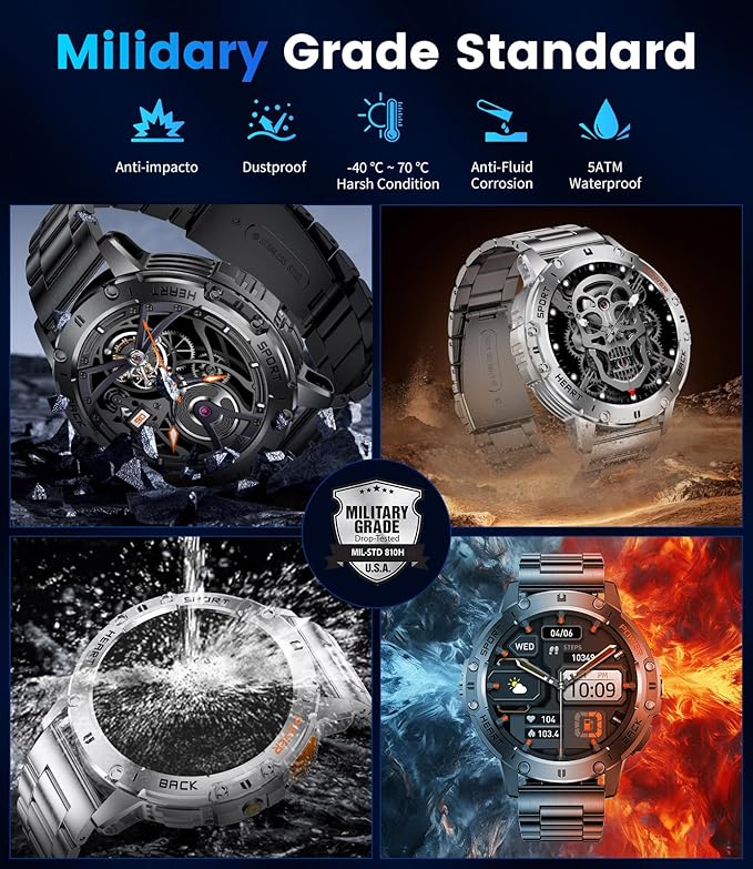 LIGE 1.43" AMOLED Smart Watch for Men with Flashlight, Bluetooth Calling, 100+ Sport Modes, 530mAh, IP68 Waterproof Fitness Tracker for Workout, iOS Android Compatible, Silver Steel